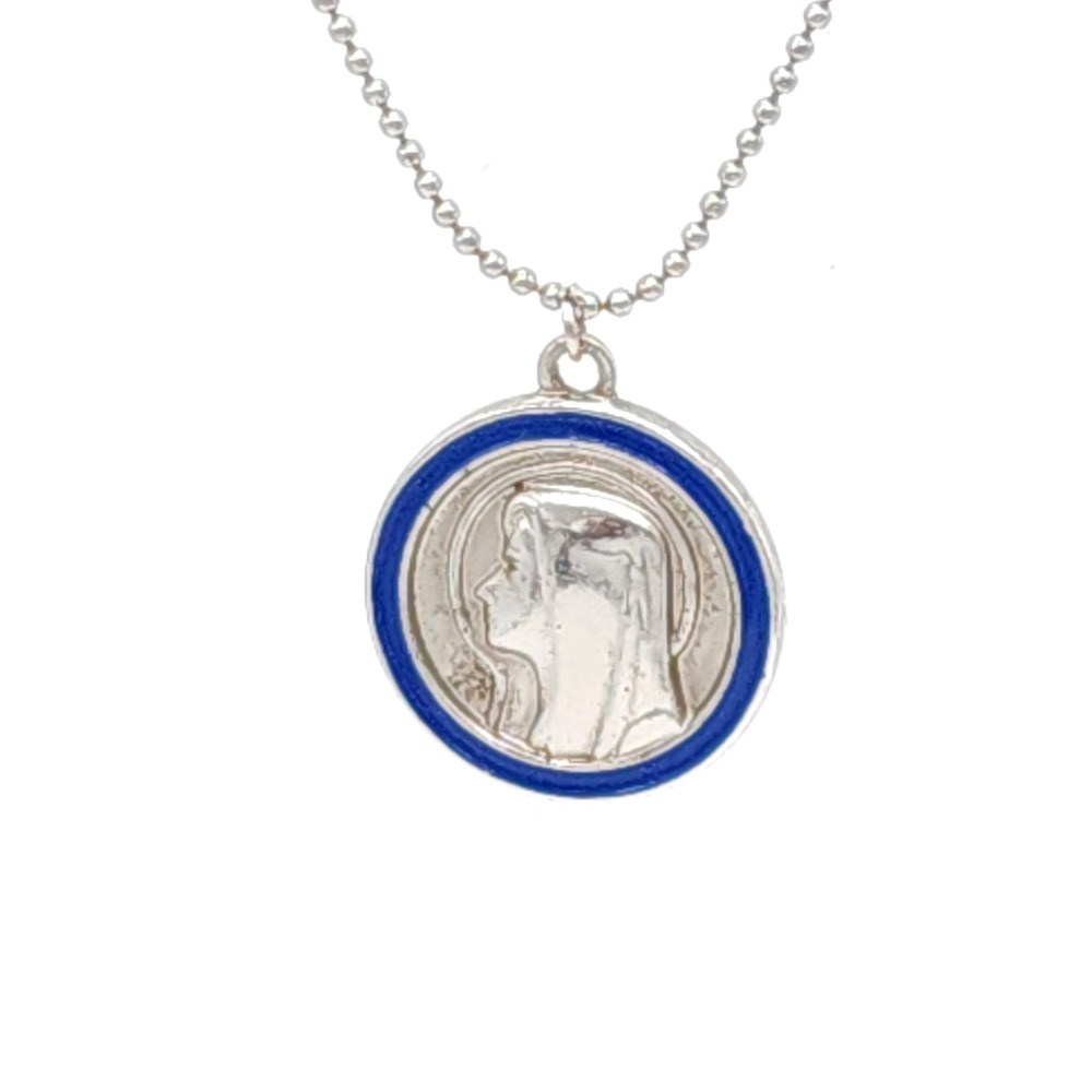 Miraculous Medal Necklace Blue Enamel Virgin Mary Silver